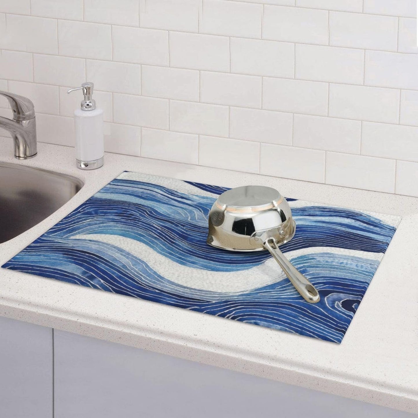 Blue White Wave Abstract Art Dish Drying Mat for Kitchen Counter & Sink, Absorbent Microfiber Ocean Drying Pad for Dishes, Foldable Nautical Modern Kitchen Mat for Dining Area & Home Decor, 18" x 24"