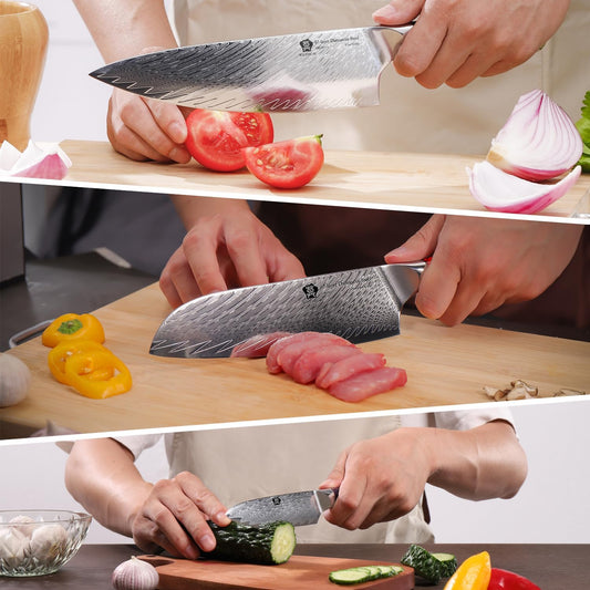 WILDMOK Damascus Kitchen Knife Sets 3 PCS, Japanese Kitchen Knife Set Damascus Steel Core, Ultra-Sharp Professional Chef Knife Set and Full Handle, Gift Box