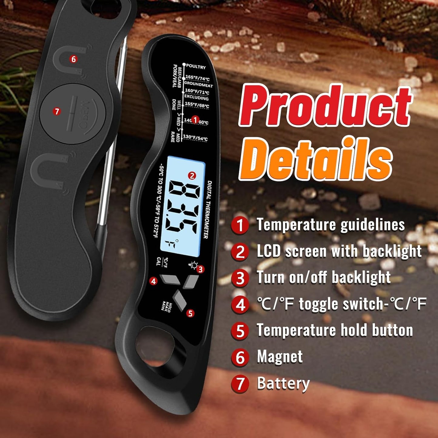 Meat Thermometer, IP67 Waterproof Digital Meat Thermometer with Backlight, Hold Function & Magnet for Grill, BBQ, Candy, Beef,Turkey，Gadgets Essentials BBQ Accessories,Mens Stocking Stuffers