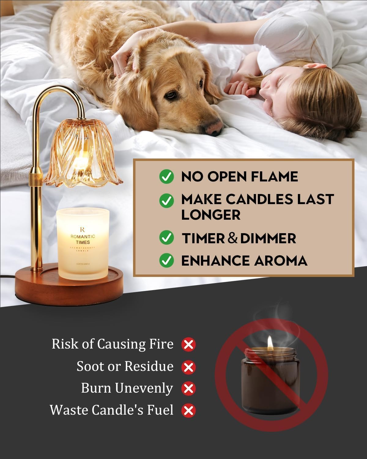 Candle Warmer Lamp, Gold Candle Lamp Warmer with Timer & Dimmer with 2 Bulbs, Birthday Gifts for Women Mom, Christmas Gifts, House Warming Gift New Home Bedroom Decor, Height Adjustable