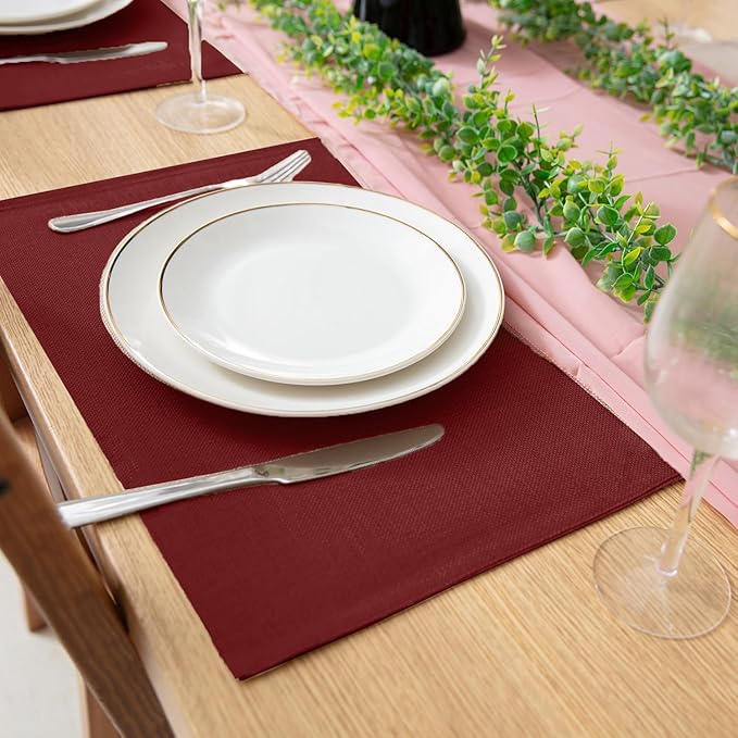 Linen Fabric Placemats Set of 6, Machine Washable, Heat Resistant, Wrinkle Free, Thick Polyester Kitchen Place Mats for Dining Table (Burgundy)