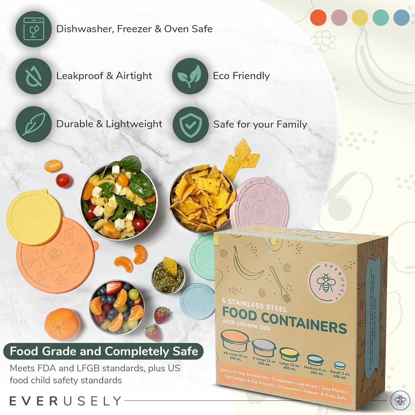 Everusely - Stainless Steel Containers with Lids - Set of 5, Bright Collection - Leakproof Stainless Steel Food Containers - Nesting Snack Holders - Metal Lunch Box - Portable & Reusable Meal Kit