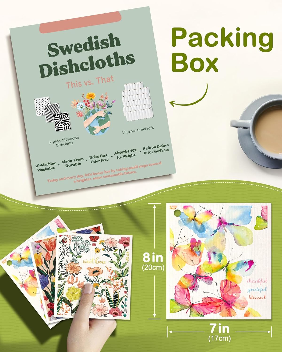 6 Pack Swedish Dishcloths for Kitchen - Reusable Dish Cloths for Washing Dishes Absorbent Cute Funny Kitchen Towels Cleaning Sponge, Floral Bird