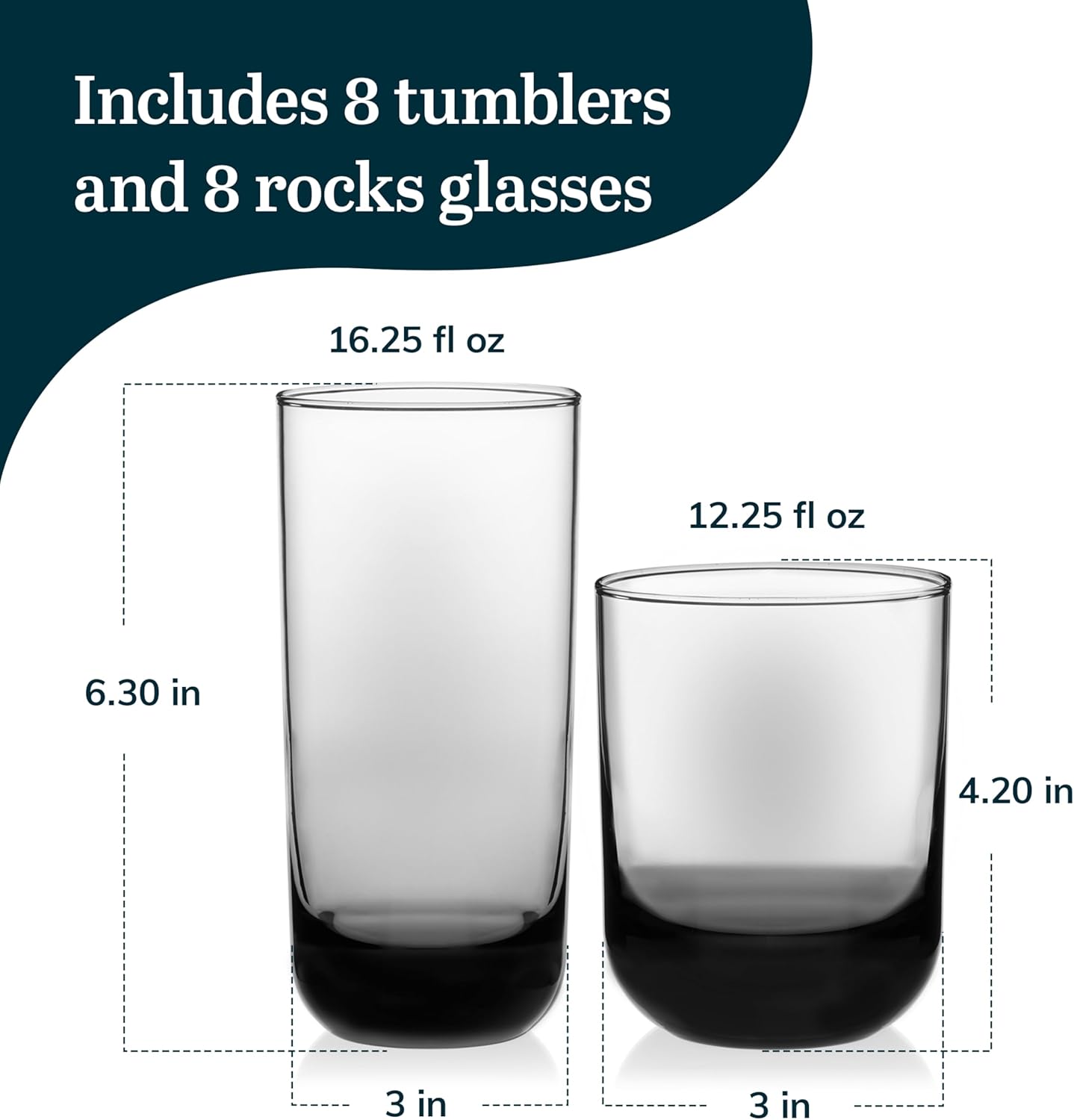 Libbey Polaris Tumbler and Rocks Glass Set, Smoke Hue Drinkware Glasses Set, Lead-Free Tall Water Glasses with Modern Clean Lines, Dishwasher Safe Drinking Glasses Set of 16