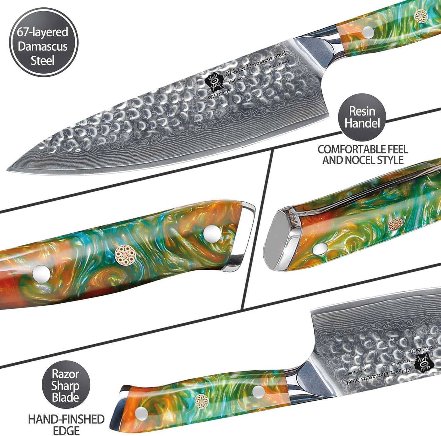 WILDMOK Chef Knife,8 inch Damascus Japanese kitchen knives,VG10 Steel&Resin Handle Chef Knife,Hammered Finish chef's knives,Japanese damascus knife Including Gift Box