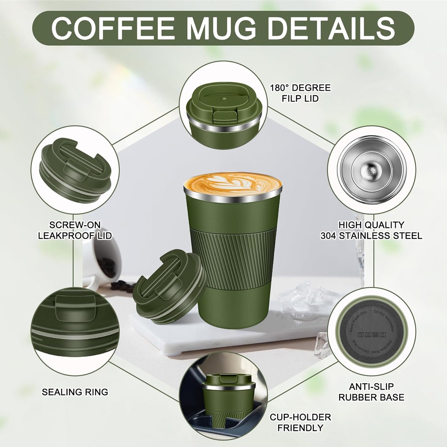 Coffee Travel Mug 12oz Insulated Coffee Mug with Lid Portable Spill-Proof Coffee Travel Mug No Handle Reusable Stainless Steel Mug Keeps Cold and Hot Suitable for Car, Daily, Travel and Gifts