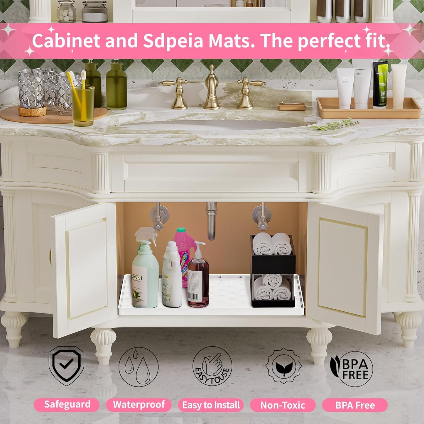 Sdpeia Under Sink Mat 22"×14" – Waterproof Silicone Cabinet Liner & Sink Protector for Kitchen & Bathroom, Multi-Purpose Organizers Tray for Pets, Laundry, Cat Litter Mat, White