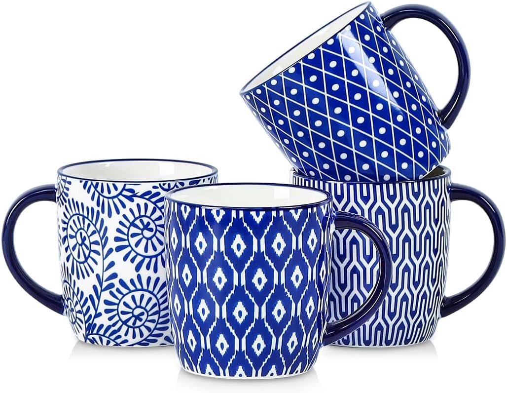 Selamica 10 OZ Coffee Mugs Set of 4, Small Coffee Cups Ceramic with Handle, Coffee Mug for Cappuccino Latte Cocoa Milk Tea, Dishwasher Microwave Safe,Vintage Blue