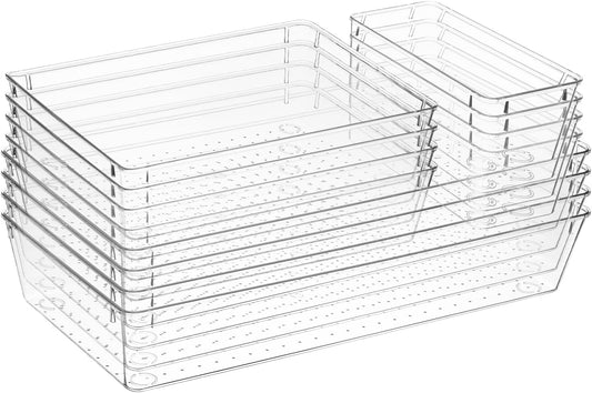 12 Pcs Clear Plastic Drawer Organizer, 12"x 6"x2", 9"x6"x2", 6"x3"x2", Kitchen Bathroom Fridge Utensil Vanity Drawer Organizers Tray Makeup Storage Organizer Drawers Trays for Organization Office