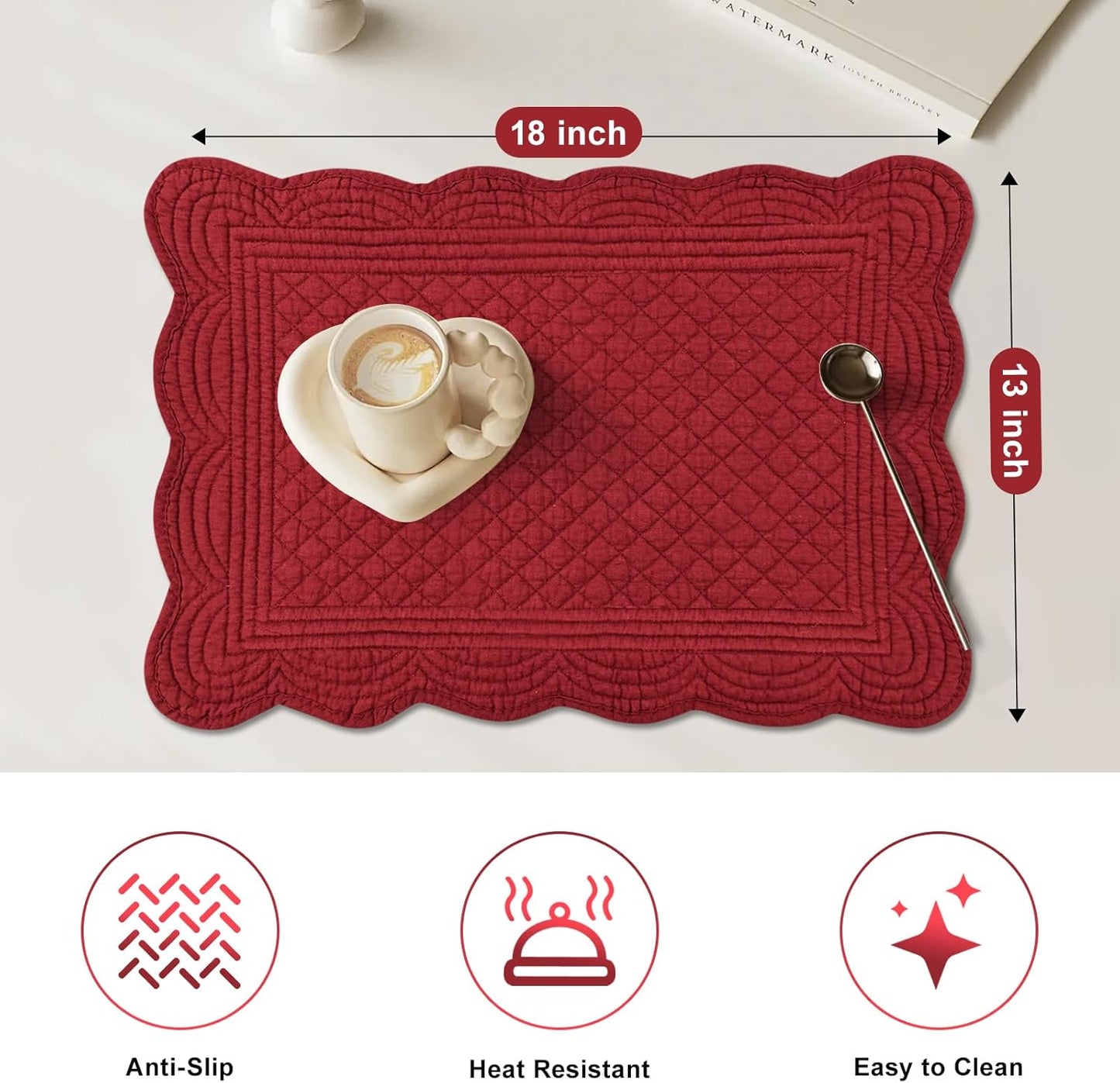 6 PC Quilted Placemats, 18"X13"Extra Large Cotton Placemats Set of 6, 100% Cotton Fabric Washable Cloth Table Mats for Kitchen & Dining Table - Soft &Easy Clean(Red, Rectangular)