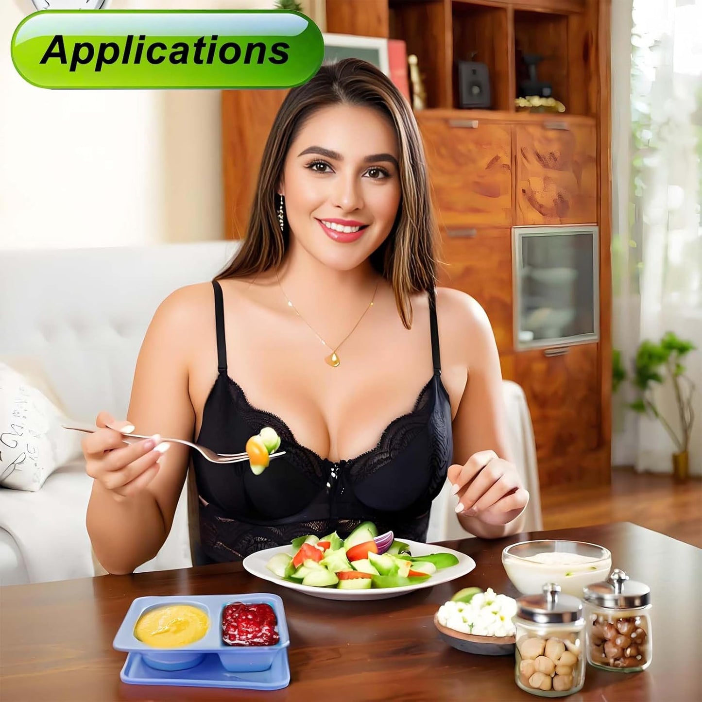 3 Pack Reusable Silicone Snack Container with Lids, Leak-Proof 2 Compartment Food Storage Box for Sauces, Fruits, Candy, Microwave Safe Collapsible Snackle Take-out Lunch Portable Kitchen Boxes