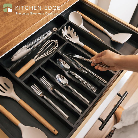 KitchenEdge Premium Silverware, Flatware and Utensil Organizer for Kitchen Drawers, Food-Safe Contract Grade, Expandable from 16 to 28 In, Black Bamboo