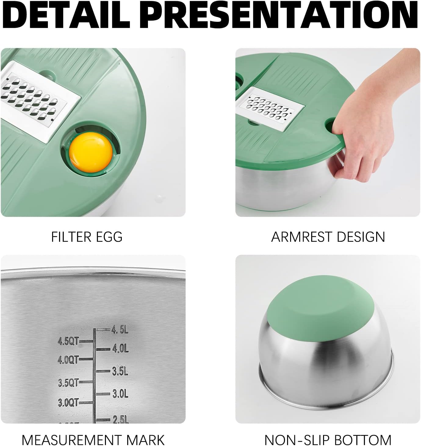 Mixing Bowls Set of 3 Stainless Steel Bowl with Lids Set, Nesting Bowls with Graters Airtight Lids for Cooking, Baking, Prepping(Green)