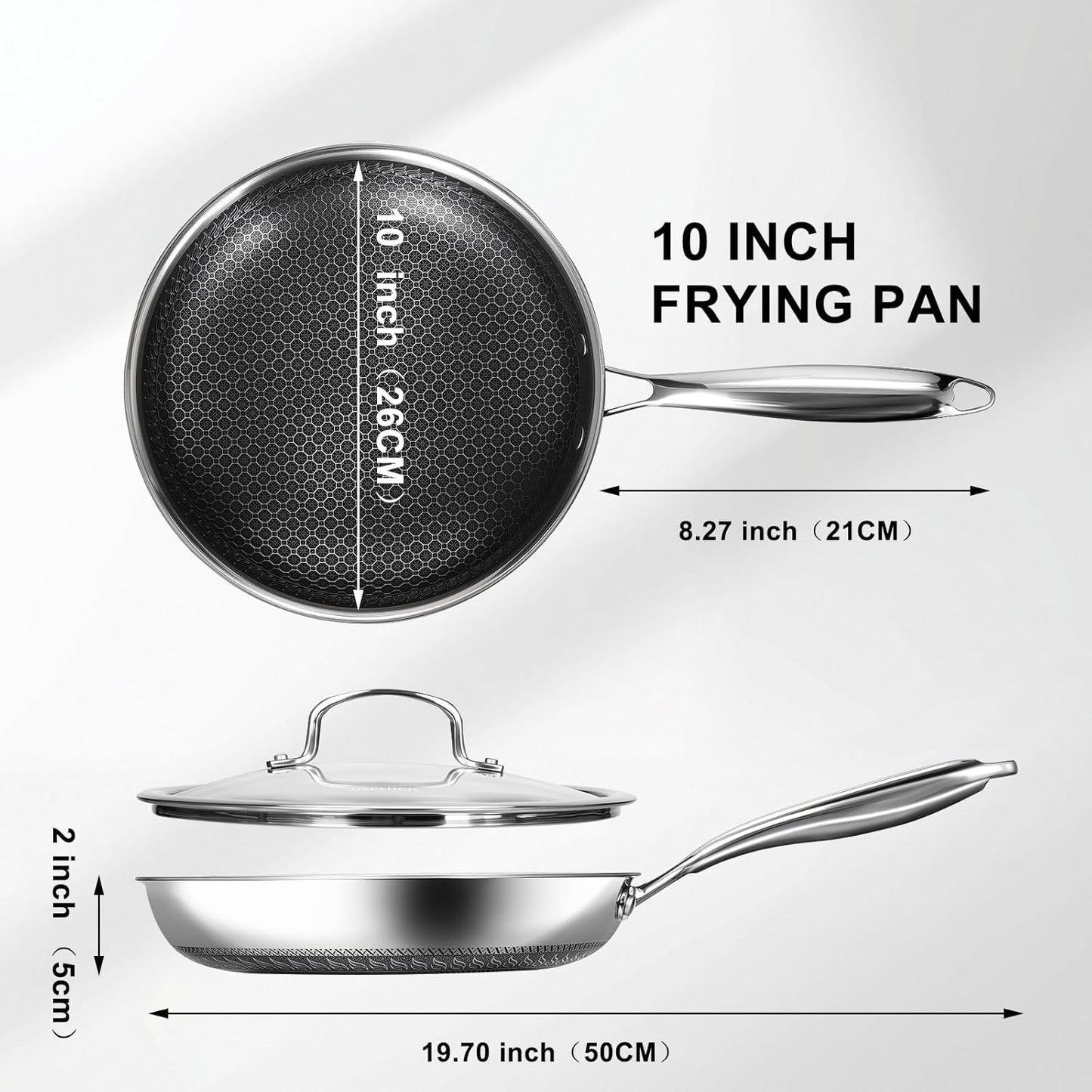 10 Inch Nonstick Frying Pan with Lid, Stainless Steel Skillet with Honeycomb Surface, Induction Compatible, Oven & Dishwasher Safe, PFAS-Free Cookware