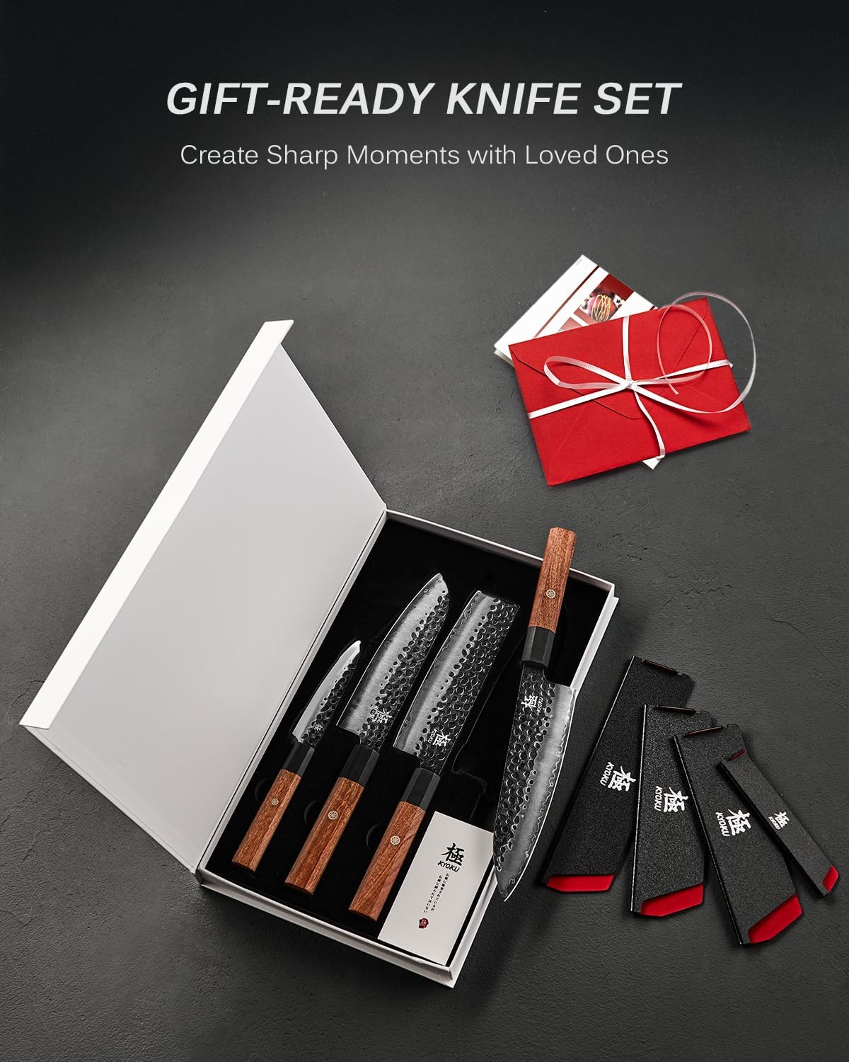 KYOKU 4pc Knife Set, Kage Series Japanese Kitchen Knife Set with Chef Utility Santoku Nakiri Knife, Professional Japanese Knives for Chopping Slicing Mincing with Sheaths & Gift Box