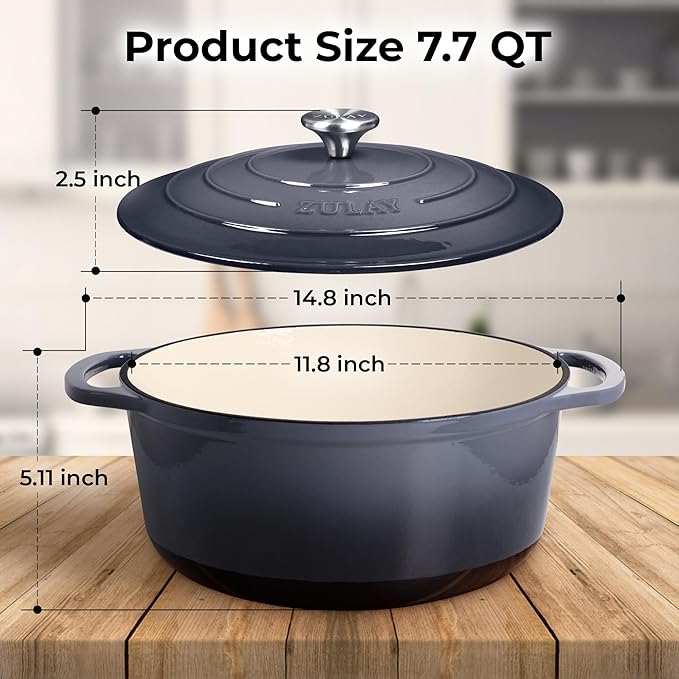 Zulay Kitchen 7.7 Quart Enameled Cast Iron Dutch Oven Pot with Lid – Premium Durability & Oven Safe up to 500°F – Heavy Duty Cookware Perfect for Bread Baking, Stews, Braising & Roasting – Gray
