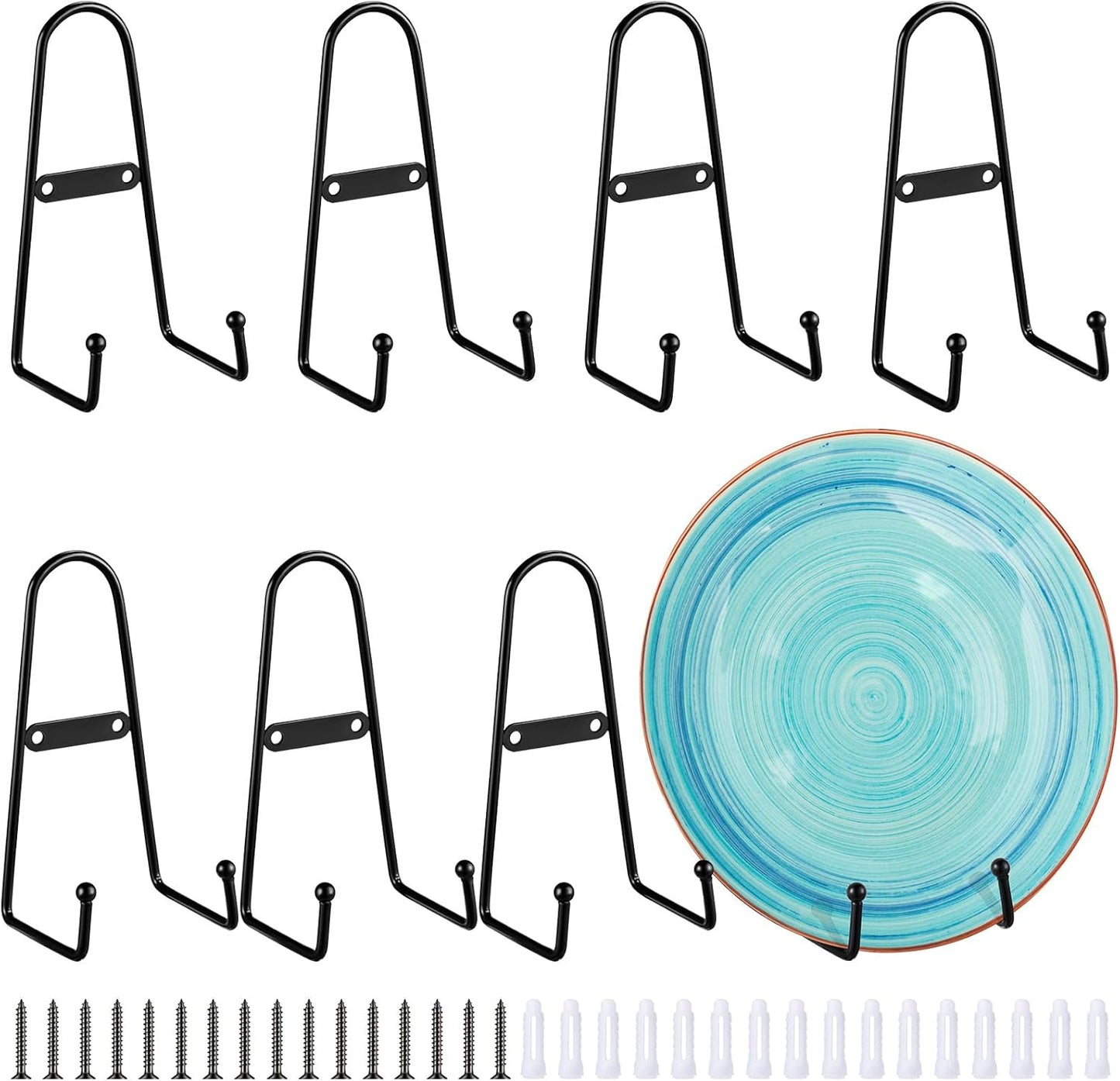 Kathfly 8 Pcs 8 Inch Metal Wall Mount Plate Display Stands Medium Black Easel Plate Hangers Vertical Stand Holders Picture Frame Stand Rack for Decorative Book Platter Arts