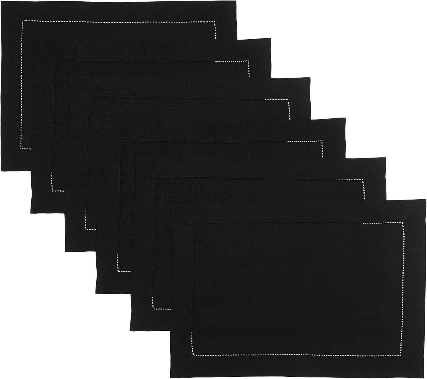 D'Moksha Homes Linen Placemats Set of 6 - Classic Hemstitch Black Placemats 14 x 19 Inch - 100% Pure Linen Table Mats for Fall, Autumn and Halloween - Handcrafted and Machine Washable