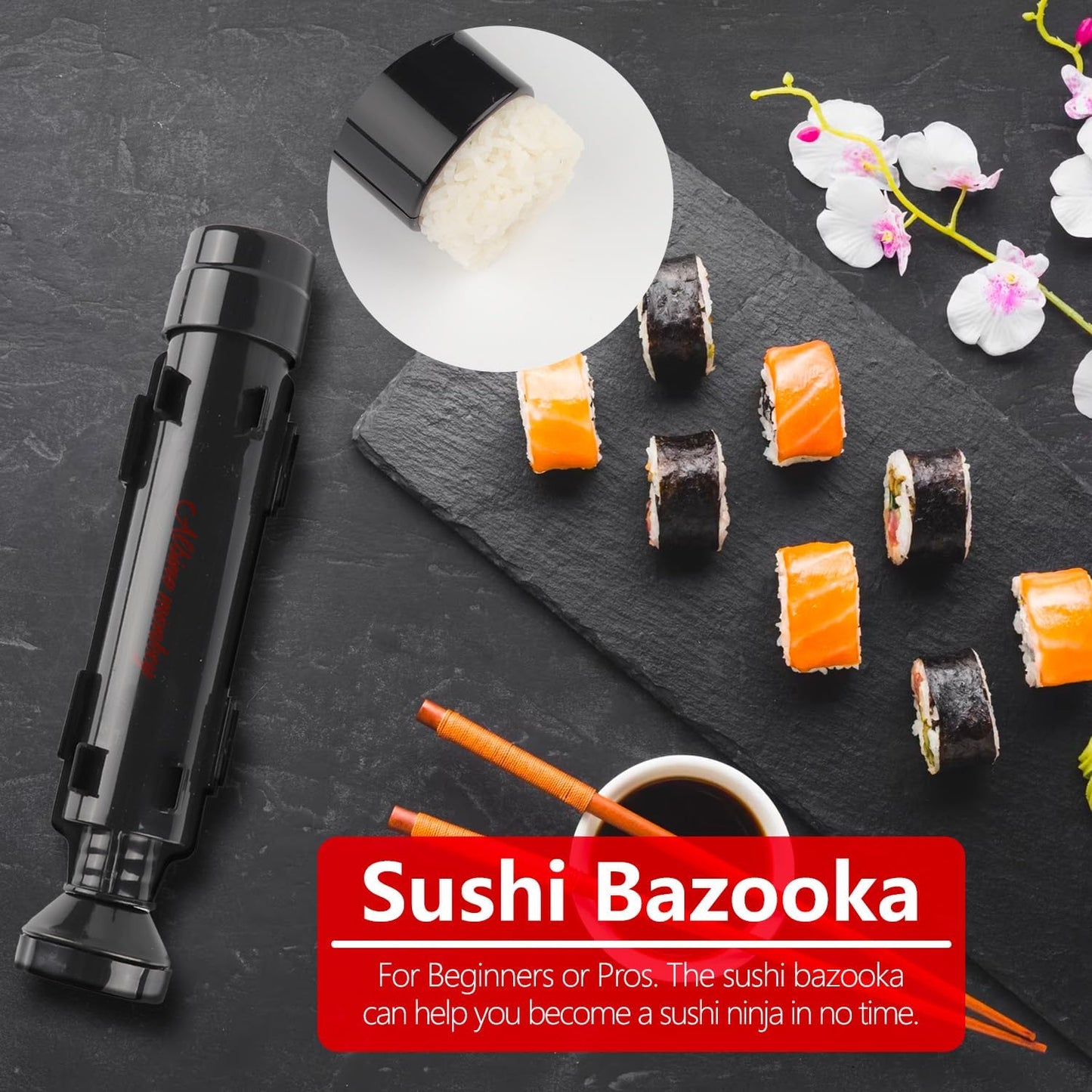 Sushi Making Kit for Beginners with Bazooka, Sashimi Knife, 2 Mats (Bamboo/Dishwasher-Safe PP), Nigiri Mold & Avocado Slicer | Food-Safe, Giftable, Step-by-Step Video Guide