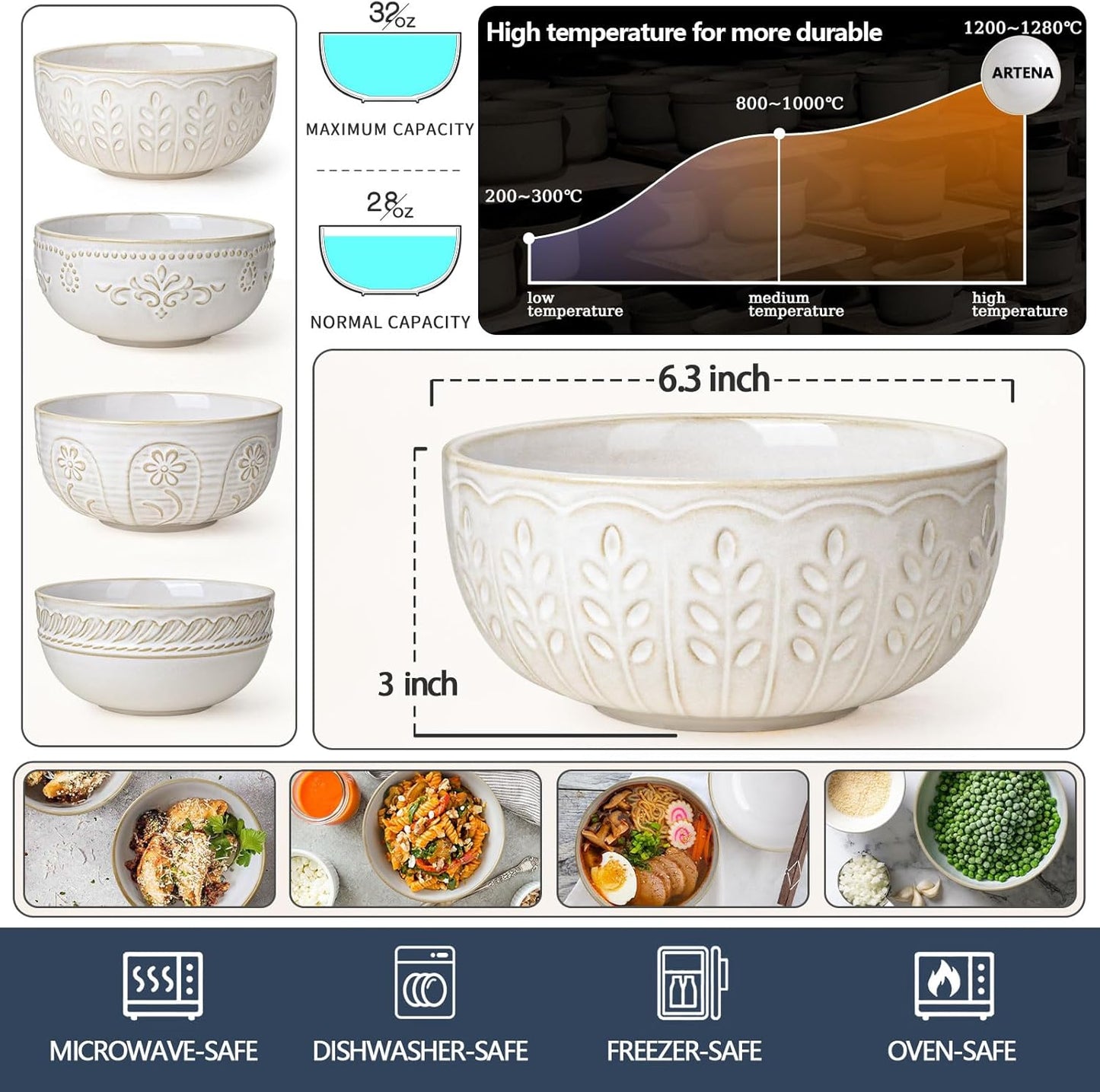 Artena Soup Bowls 32 OZ, Cereal Bowls Set of 4, White Embossment Ceramic Ramen Bowls for Dinner, Salad, Pho, Noodle, Pasta, Snacks, Dishwasher Microwave Safe, 6.3 Inch, Wheat Leaf