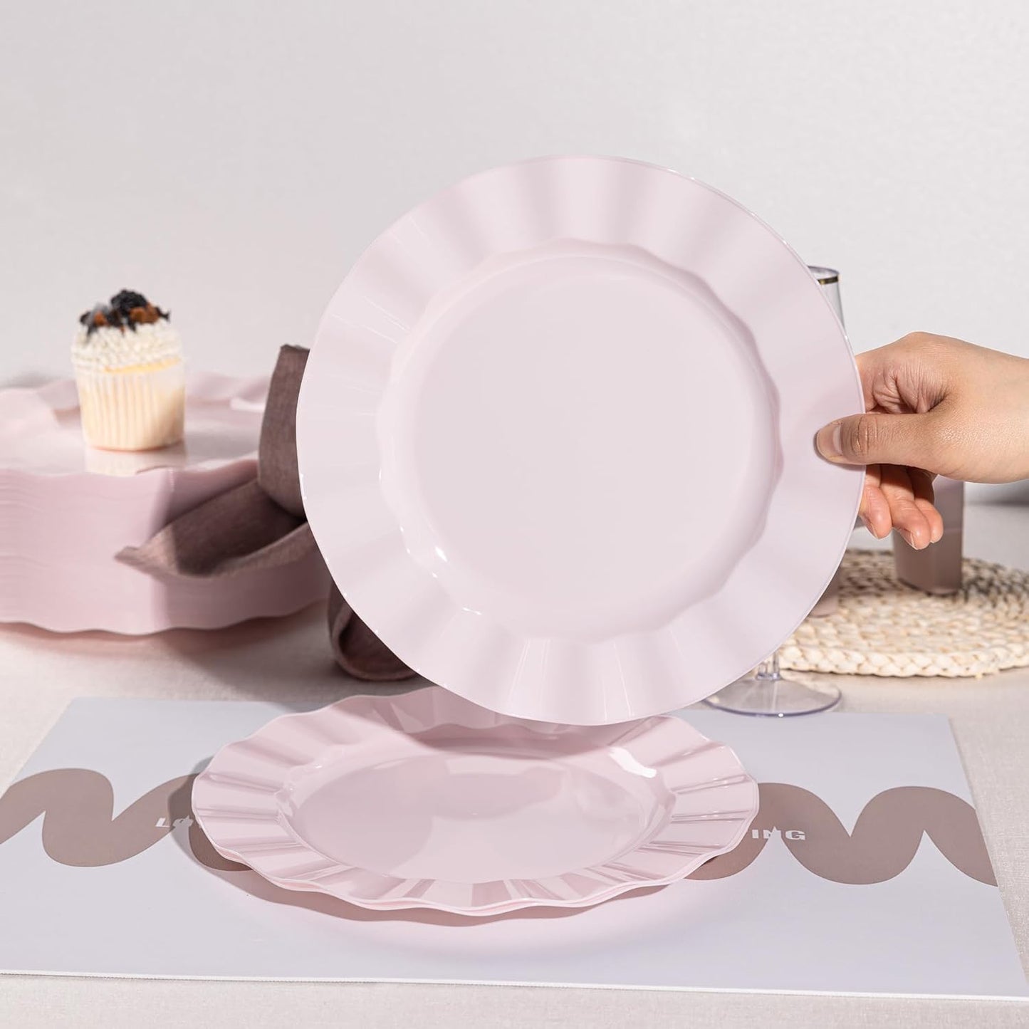 72 Pack Pink Plastic Plates, 10" Disposable Wave Dinner Plates Elegant Heavy Duty Serving Dishes for Party, Wedding, Thanksgiving, Christmas