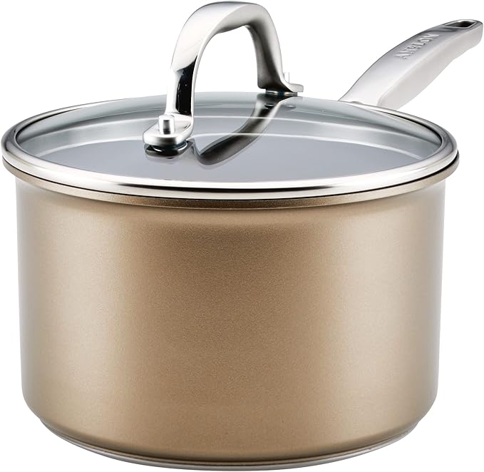 Anolon Ascend Hard Anodized Nonstick Sauce Pan/Saucepan and Lid - Good for All Stovetops (Gas, Glass Top, Electric & Induction), Dishwasher & Oven Safe with Stainless Steel Handle, 3 Quart - Bronze
