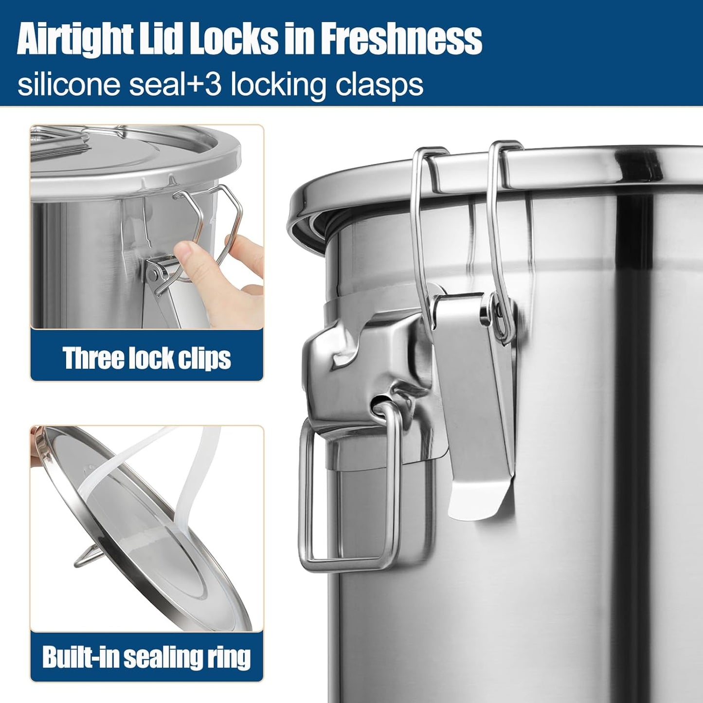 304 Stainless Steel Airtight Canister, 3.17Gal/405oz/12L Airtight Food Storage Container with Lid Lock Clips, Flour Container Metal Bucket Food Storage Container for Rice, Flour, Grain, Coffee Bean