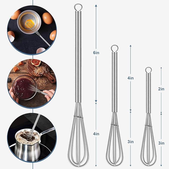 Walfos Whisk,304 Stainless Steel Mini whisk,Small Whisk.6in Long-Handle Non Rust Whisks Nice for stirring individual eggs and mixing small amounts of powder and sauce.Dishwasher Safe.(5+7+10in)