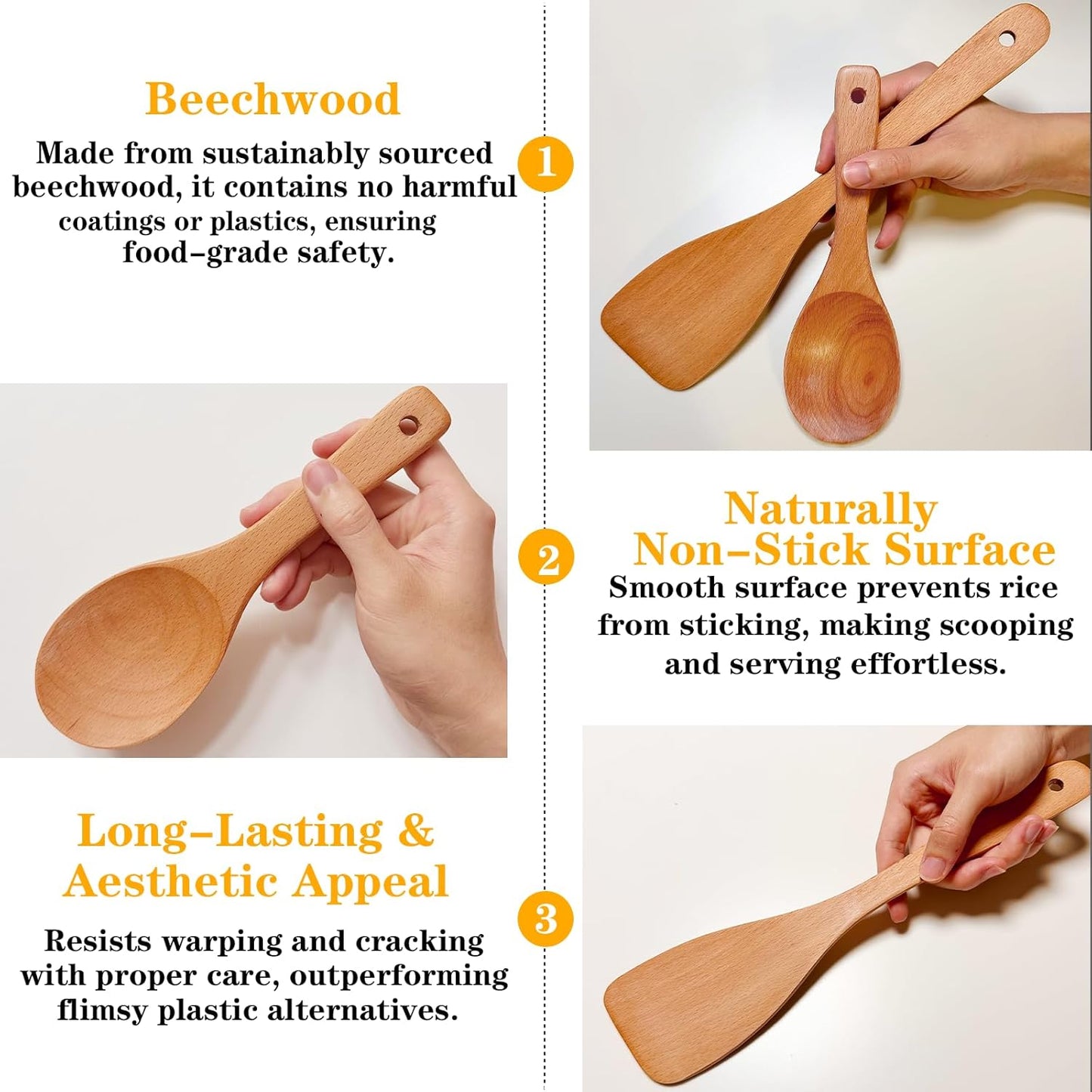 Wooden Rice Paddle, 12.8" Wooden Spoons for Cooking, Nonstick Rice Spatula for Sushi Rice Potato Stirring, Flipping, Serving, Scraping