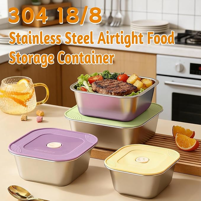4-Piece Stainless Steel Snack & Lunch Containers with Lids Set, Stackable Metal Food Storage Containers with Lids, Airtight Leakproof Lunch Bento Box, Dishwasher Safe (Size 4.5", 5.5", 6.3", 7")