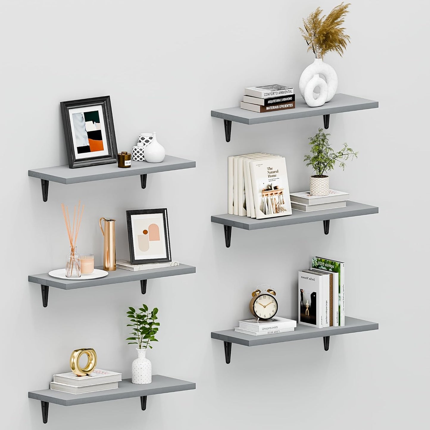 SKYSEN Floating Shelves for Wall Set of 6, 15.7in Wood Wall Shelf for Decor, Bathroom, Bedroom, Storage, Book,Kitchen, Living Room - Grey(fs-40-g)