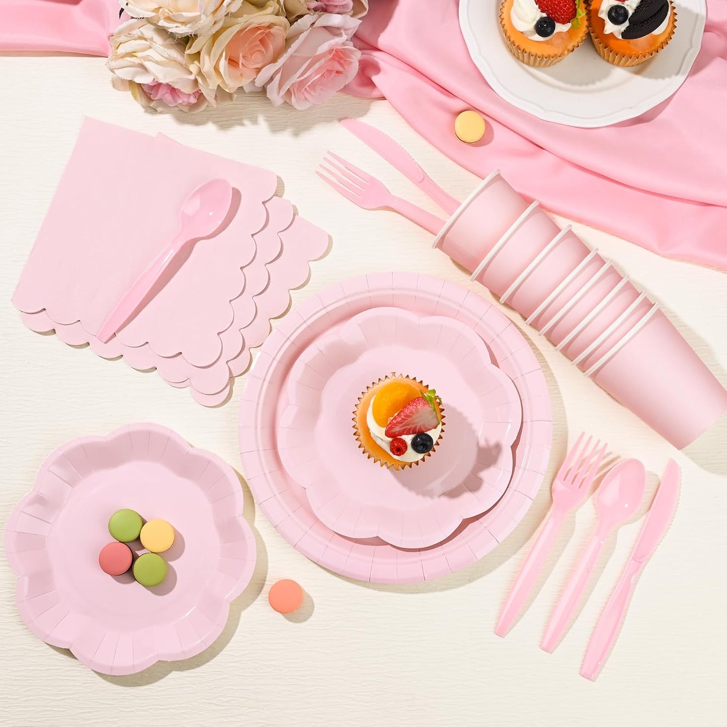175 Pcs Light Pink Plates Cups and Napkins Set, Pink Scalloped Dessert Plates Party Supplies for 25 Guests Include Disposable Pink Party Plates Napkins Cup Cutlery for Baby Shower Wedding Birthday