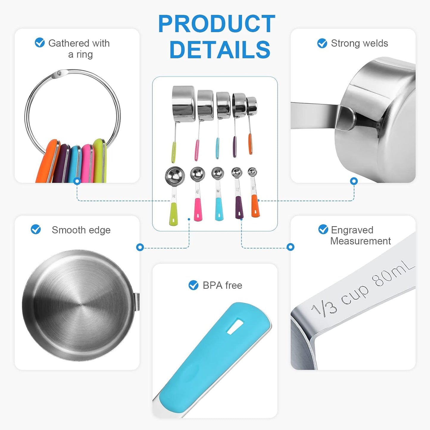 13-Piece Measuring Cups and Spoons Set Stainless Steel for Cooking & Baking (8 Cups +5 Spoons, Colorful）