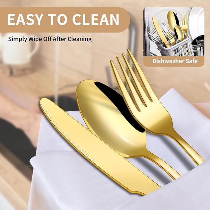 20-Piece Gold Silverware Set, ENLOY Flatware Cutlery Set Stainless Steel Utensils Service for 4, Heavy Duty Gift and Dishwasher Safe, Mirror Polished Dinner Knife, Fork, Spoon for Restaurant