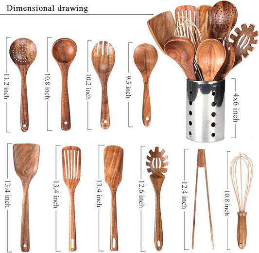 Kitchen Utenails Set with Holder,Kitchen Wooden Utensils for Cooking, Wood Utensil Natural Teak Wood Spoons for Cooking,Wooden Kitchen Utensil Set With Spatula and Ladle (11)