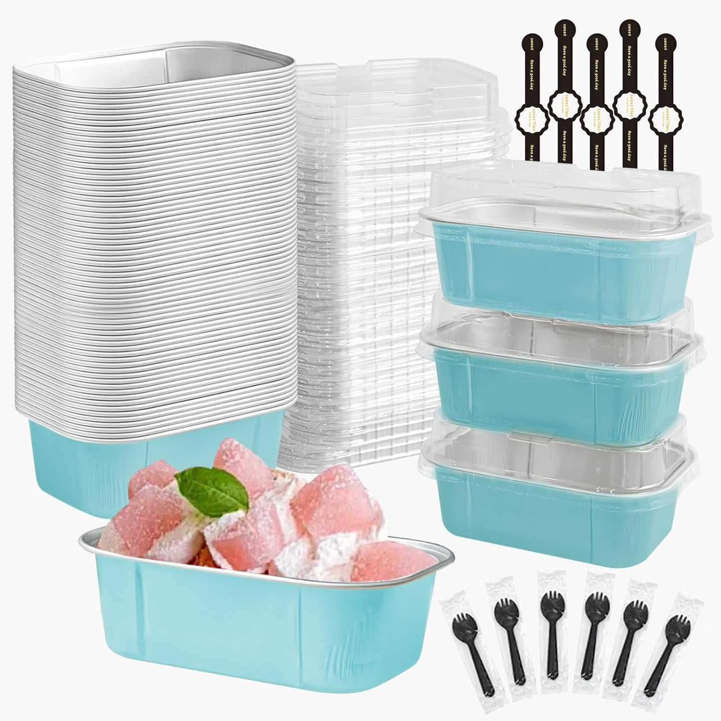 mini loaf pans with lids and spoons 50 Pack,5.5 oz Rectangle mini individual cake tins Disposable Small Aluminum Foil Baking pans(50, Wathet)