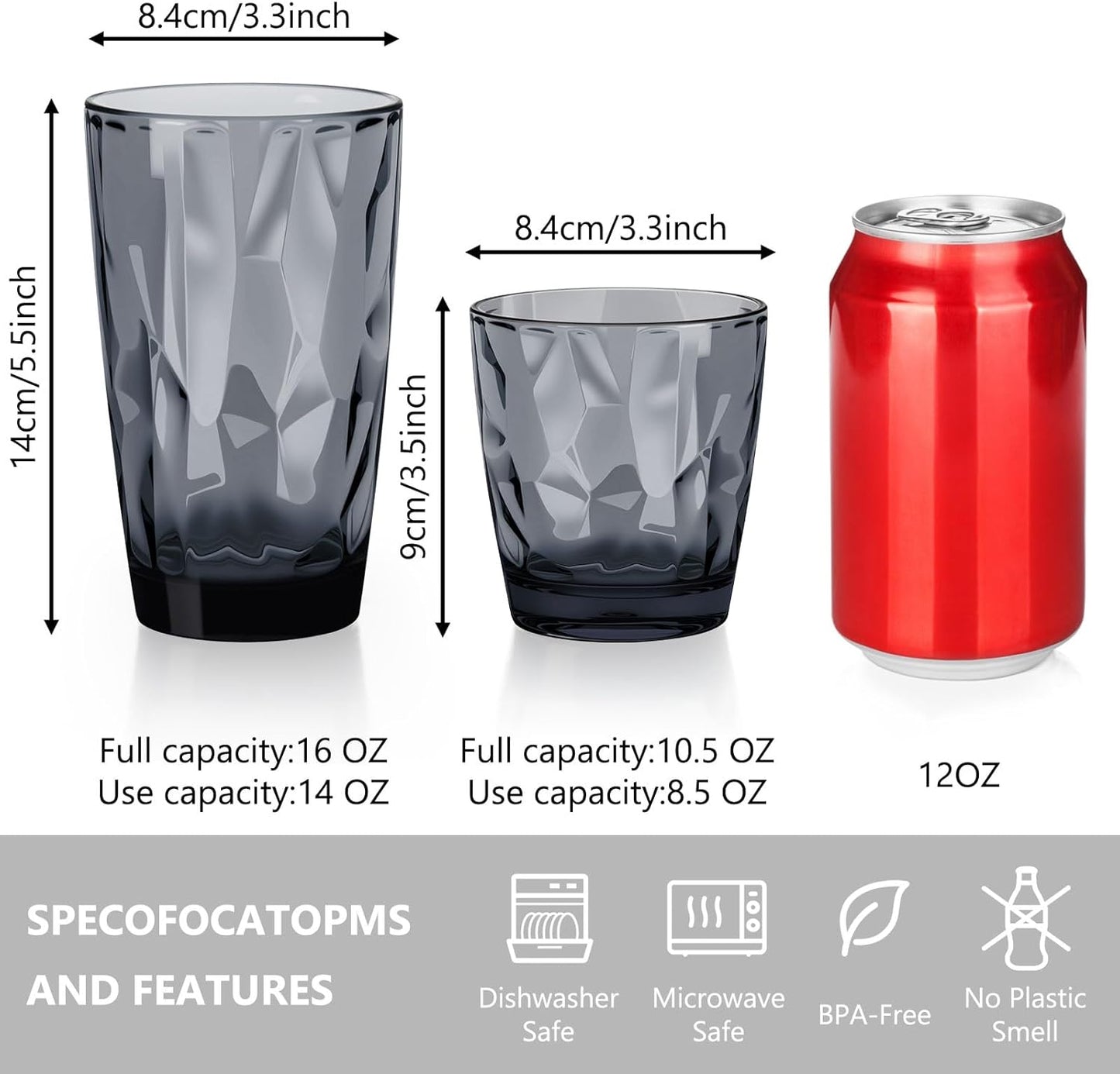 Topsky 10 oz Plastic Water Tumblers | Set of 4 Transparent Unbreakable Drinking Glasses Clear Acrylic Reusable Juice Wine Cups for Home Picnic Party, Dishwasher Safe, Stackable (Gray)