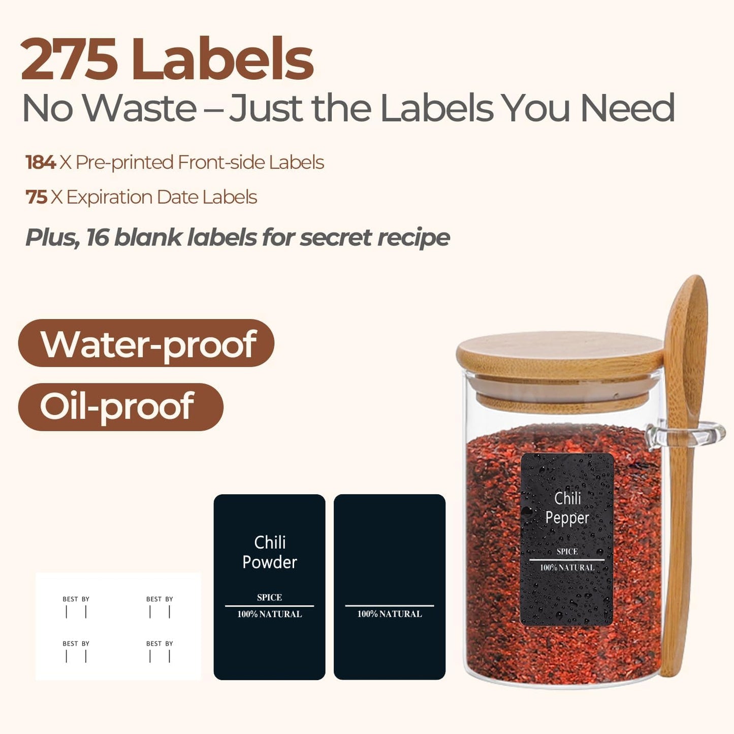 ComSaf 12 Pcs Glass Spice Jars and Spoons, 8oz Glass Containers with Bamboo Lids, Storage Containers with Airtight Lids with 275 Labels for Seasonings, Salt, Loose Leaf Tea Storage