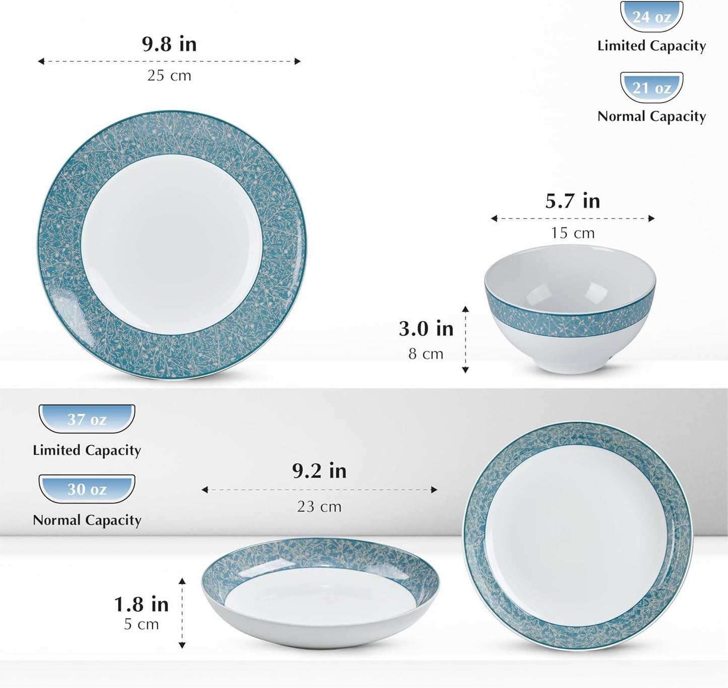 Minh Long 6-PCS Porcelain Dinnerware Set, Plates, Bowls, Chip & Scratch Resistant, Oven Safe up to 482°F, Non toxic, Lead & Cadmium Free, Stackable, Dishwasher & Microwave Safe