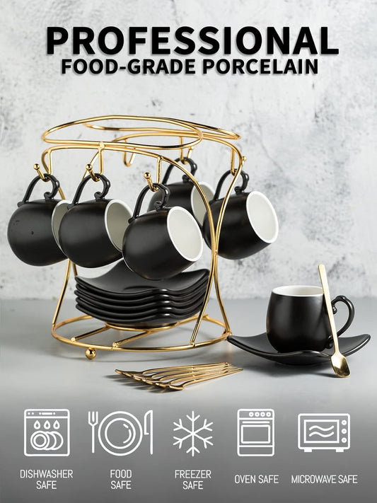 LYEOBOH Espresso Cups with Saucers Set, 3 Ounces Porcelain Coffee Cups with Metal Stand and Spoons, Cappuccino Cups Cute Demitasse Cups for Coffee Drinks, Latte, Tea Set of 6, Black