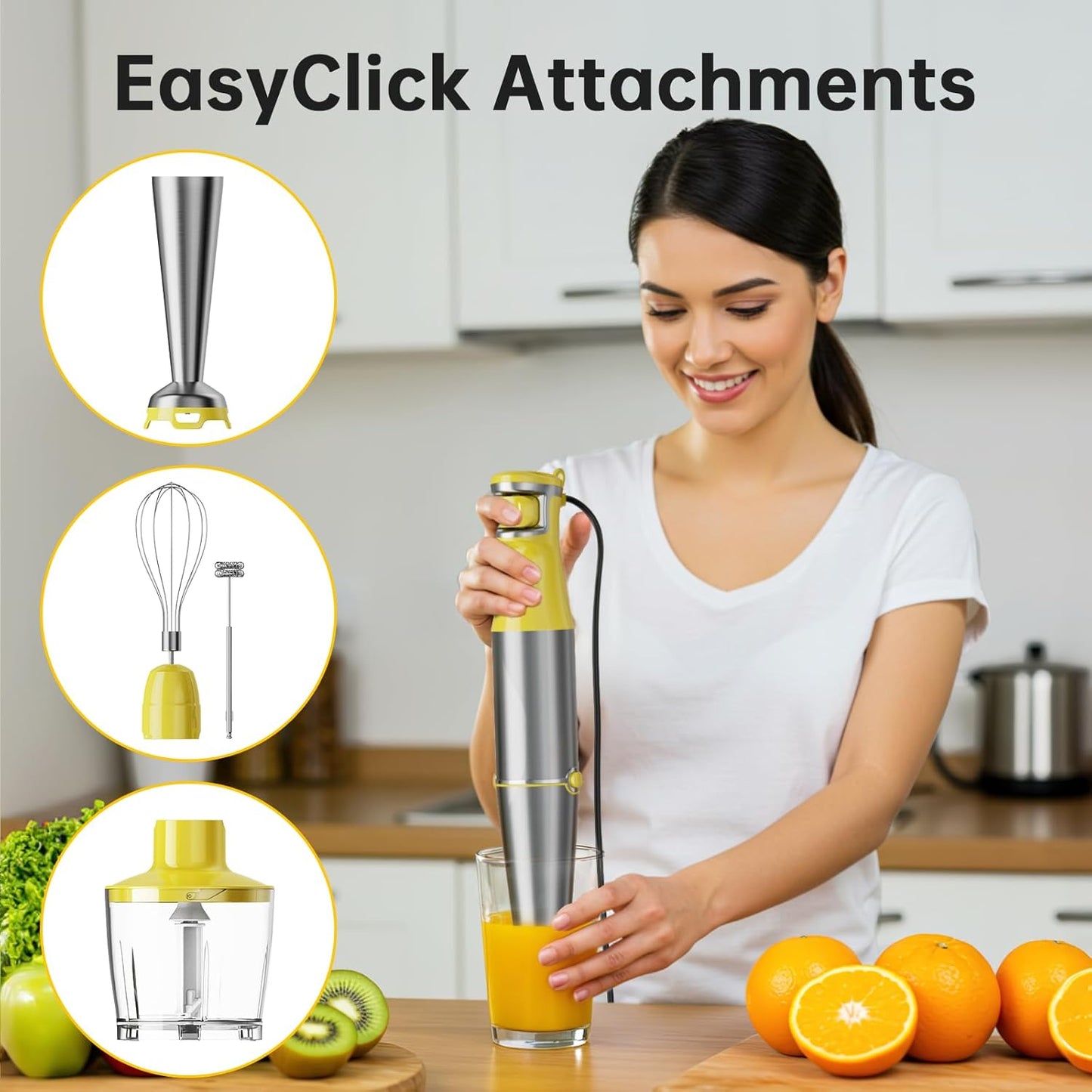 Immersion Blender Handheld Corded Hand Blenders Set 1100W, Trigger Variable Speed 5 in 1 Stick Emulsifier with Chopper, Whisk and Frother for Soup, Baby Food and Smoothies, Yellow