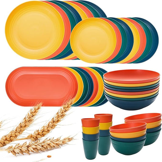 Lazycorner 48-Pcs Kitchen Wheat Straw Dinnerware Set, Service for 8, Plastic Reuasble Dinner Dishes Serving Plate Set for Kitchen, Including Dinner Plate, Dessert Plate, Bowl, Cup(Multicolor)