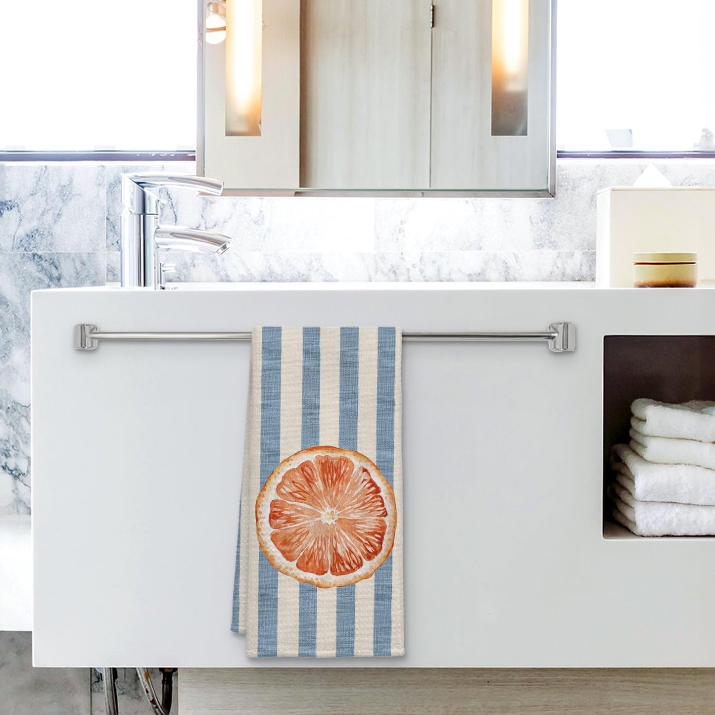 Grapefruit Fruit Kitchen Towels, Blue and White Striped Grapefruit Dish Tea Towel for Kitchen Decor, Fruit Lover Gifts Decorative Hand Towels for Bathroom, 16x24 Inch