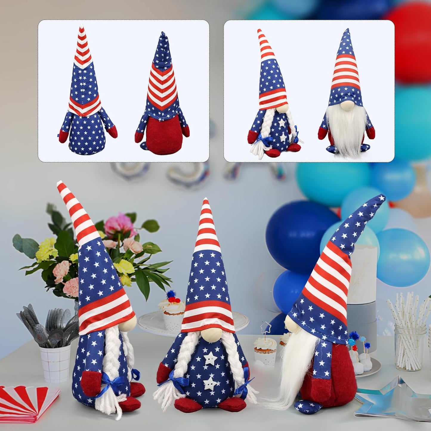 4th of July Decorations - Memorial Day Decorations - Patriotic Plush Gnomes for Home - Fourth of July for Office Desk Decor, Indoor - Red White Blue Gnome Figurines Decor for Independence Labor Day