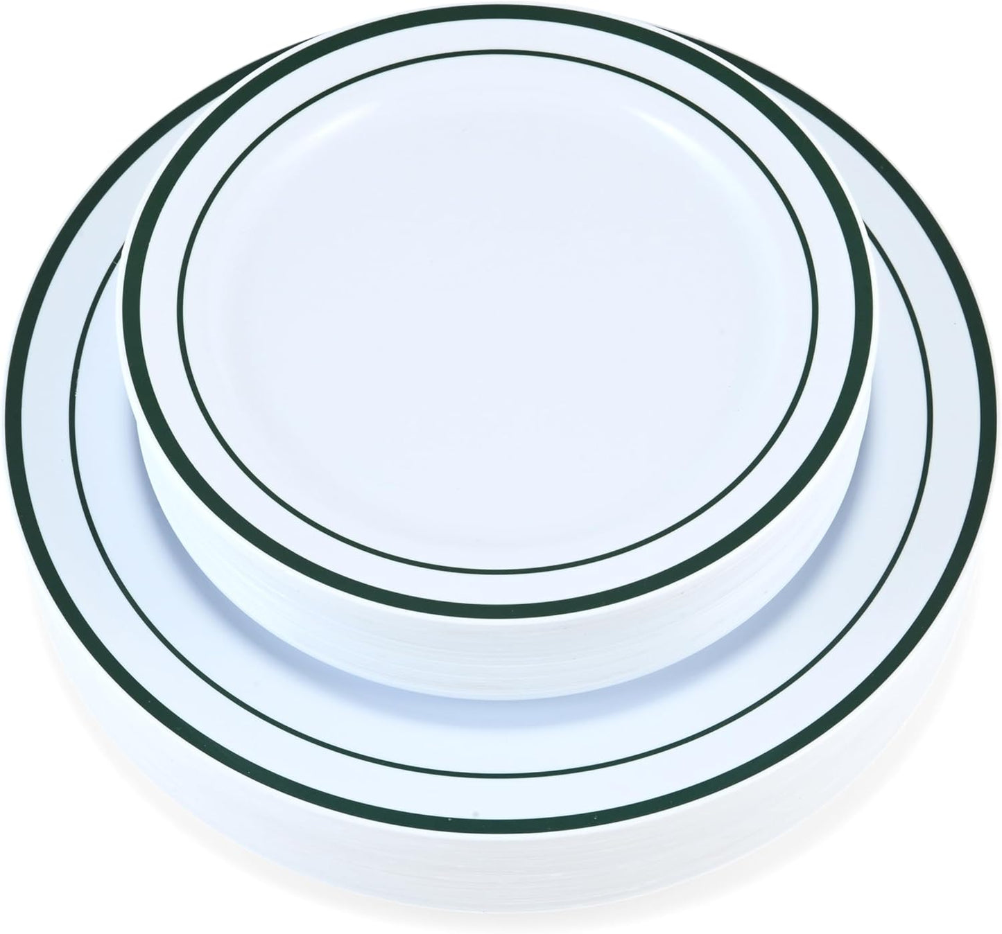 60 Pieces White Plastic Disposable Plates - Premium Heavy-Duty 30 Dinner Plates & 30 Salad Plates with Hunter Green Rim Ideal for Party, Birthday and Special Events