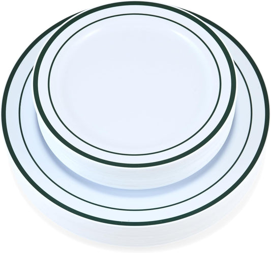 60 Pieces White Plastic Disposable Plates - Premium Heavy-Duty 30 Dinner Plates & 30 Salad Plates with Hunter Green Rim Ideal for Party, Birthday and Special Events