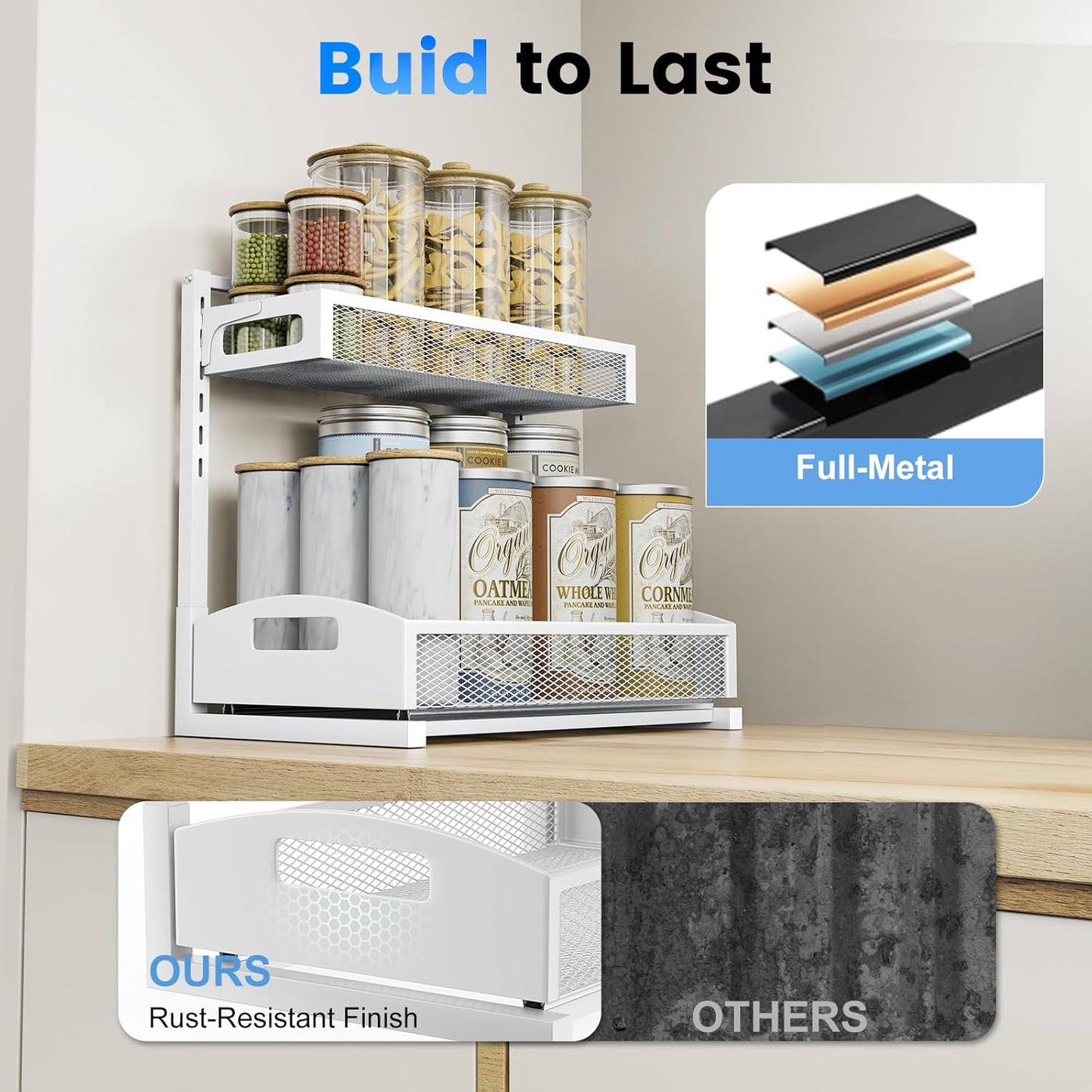 Metal Under Sink Organizer, Pull Out Cabinet Organizer Rack with Silk-Smooth Bottom Drawer, 5-Level Adjustable, Multi-Purpose Storage Shelf for Bathroom, Kitchen, Vanity, Pantry (2-Pack)