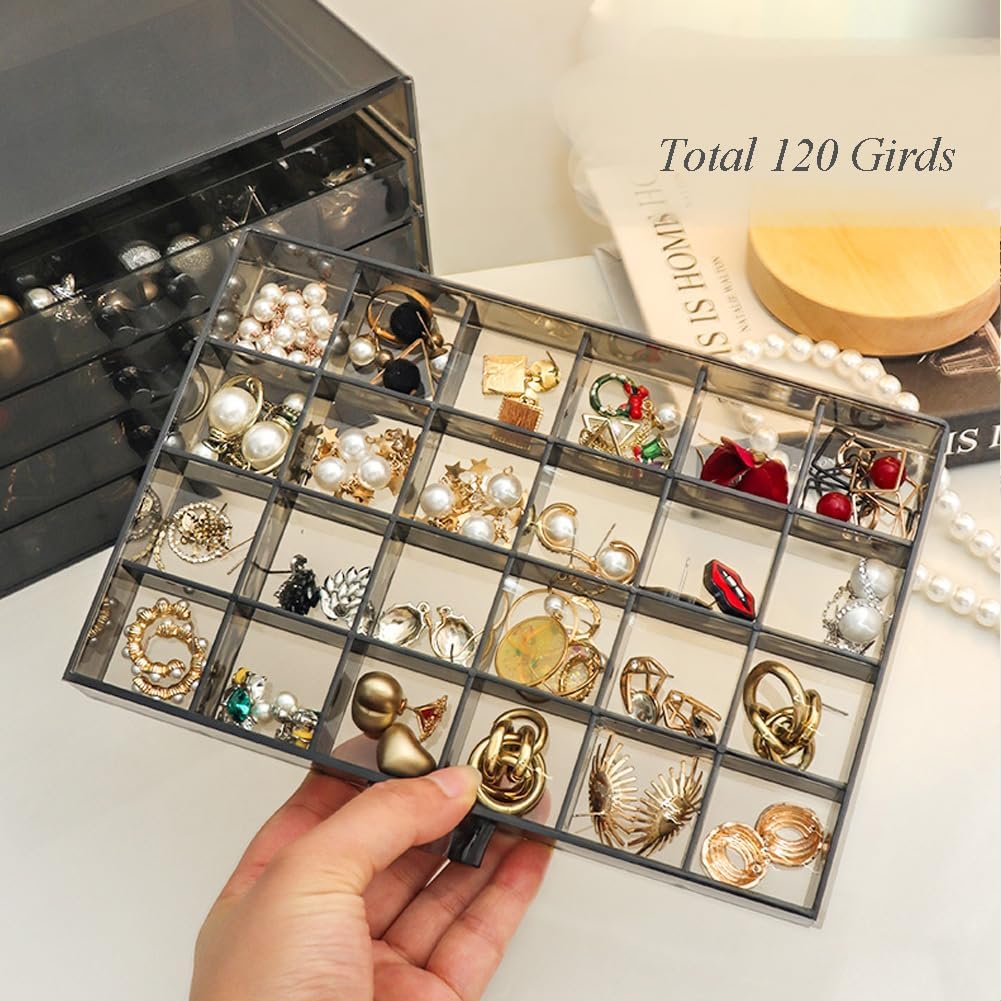 Earring Storage Box Organizer, Acrylic Jewelry Storage Box Holder 5 Drawers Transparent Jewelry Display Stand with 120 Small Compartments Gift Boxes for Women Girls (Clear Black)