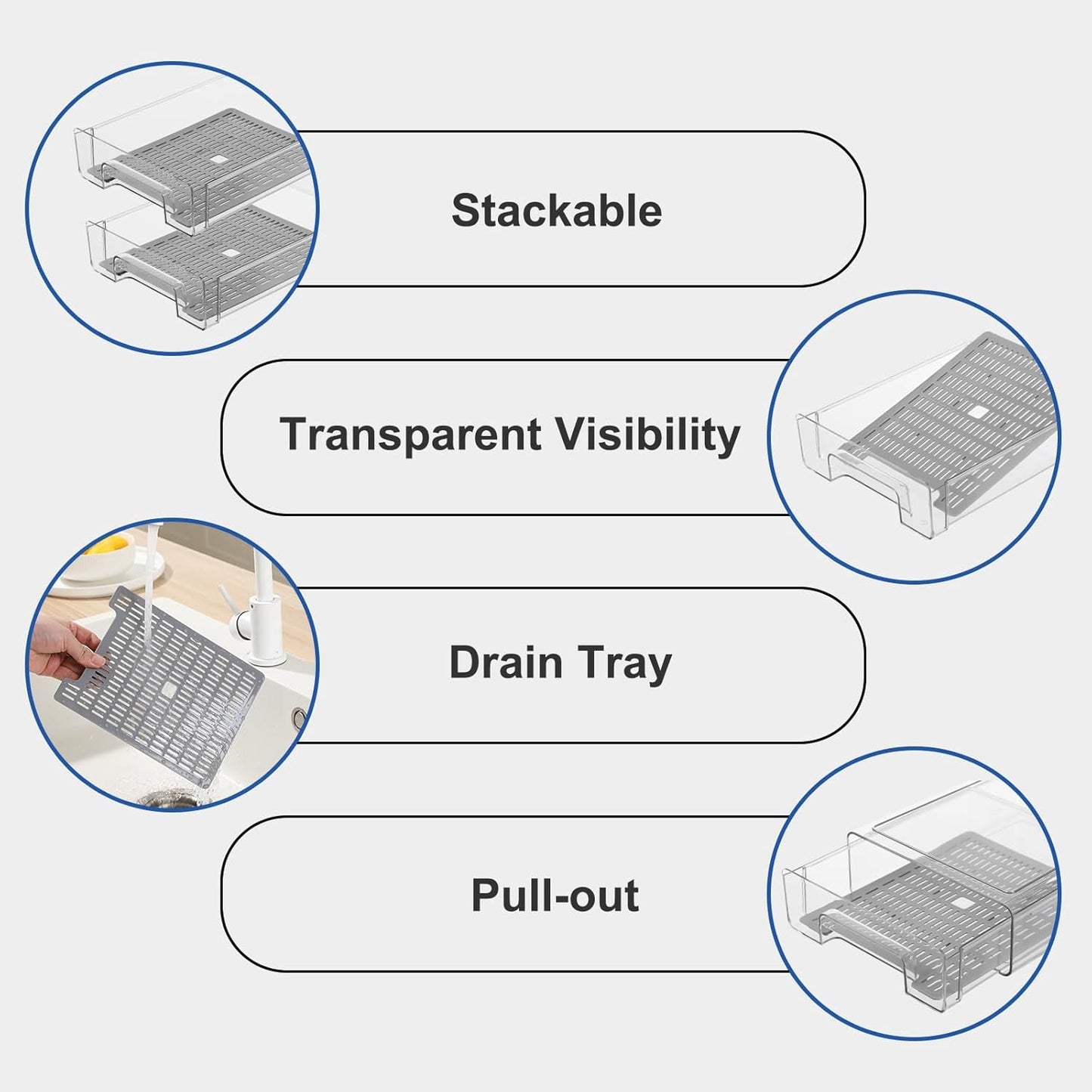 Plastic Clear Fridge Storage Organizer with Drawers & Drainer - Stackable Bins for Kitchen Fruit & Veggie Organization (2PCS, Small)