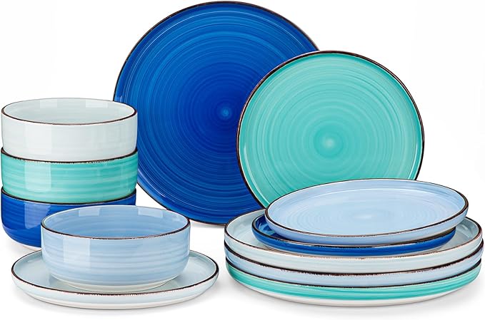 vancasso Bonita Blue Dinnerware Sets, Plates and Bowls Set for 4, 12 Pieces Stoneware Dinnerware Set, Dishwasher and Microwave Safe